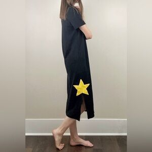 VTG Richard Midi Cotton Dress Small Stars Shift Black Shoulder Pads Short Sleeve